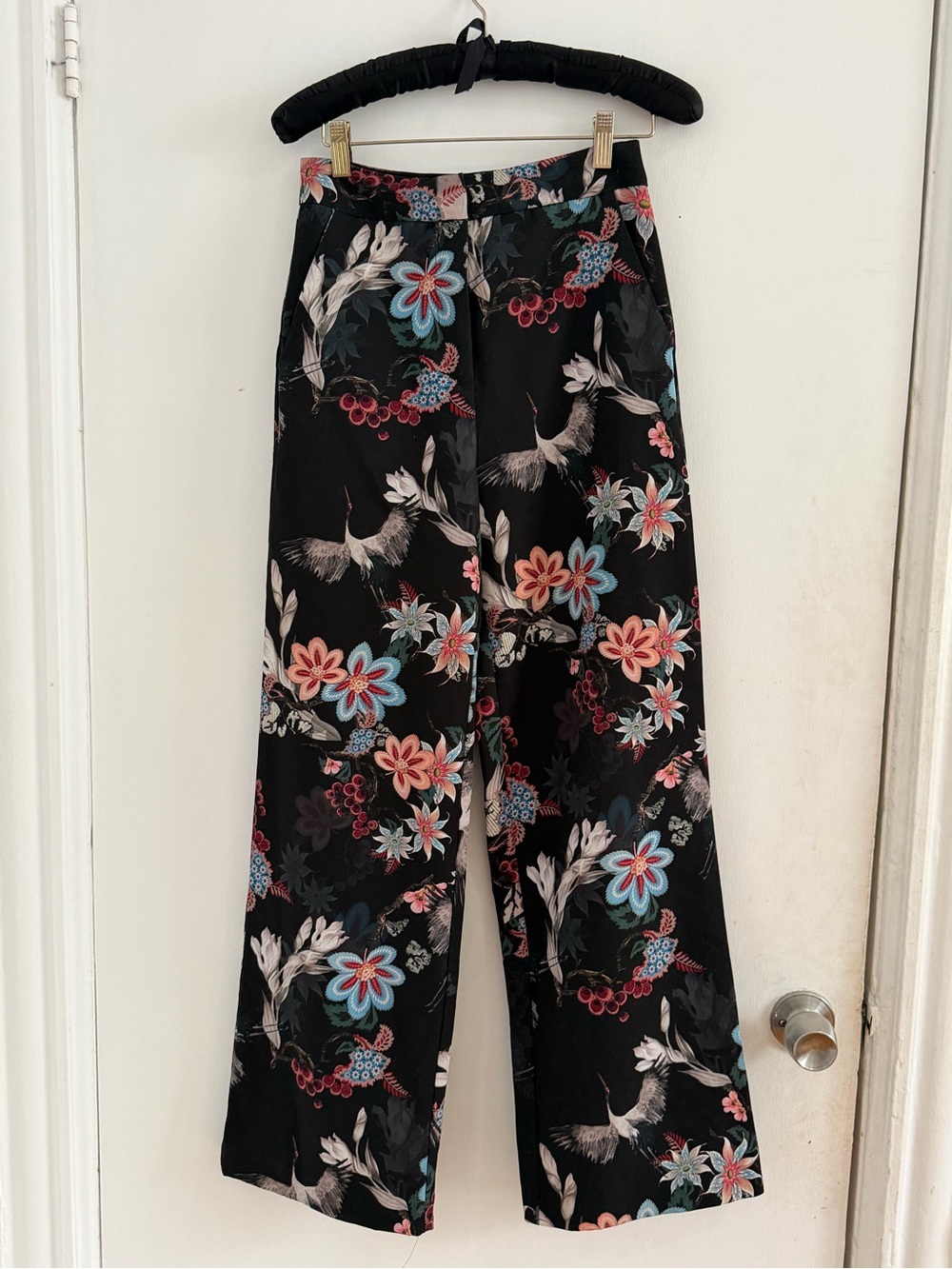 H&M Black Floral Wide-Leg Trousers with Pink & Blue Flowers